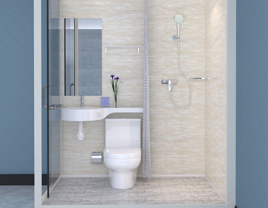 Modulaire geprefabriceerde badkamer met glazen buitenmuren voor snelle en efficiënte installatie